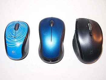 Photograph of Logitech computer mice, including M305, M310 and M705.